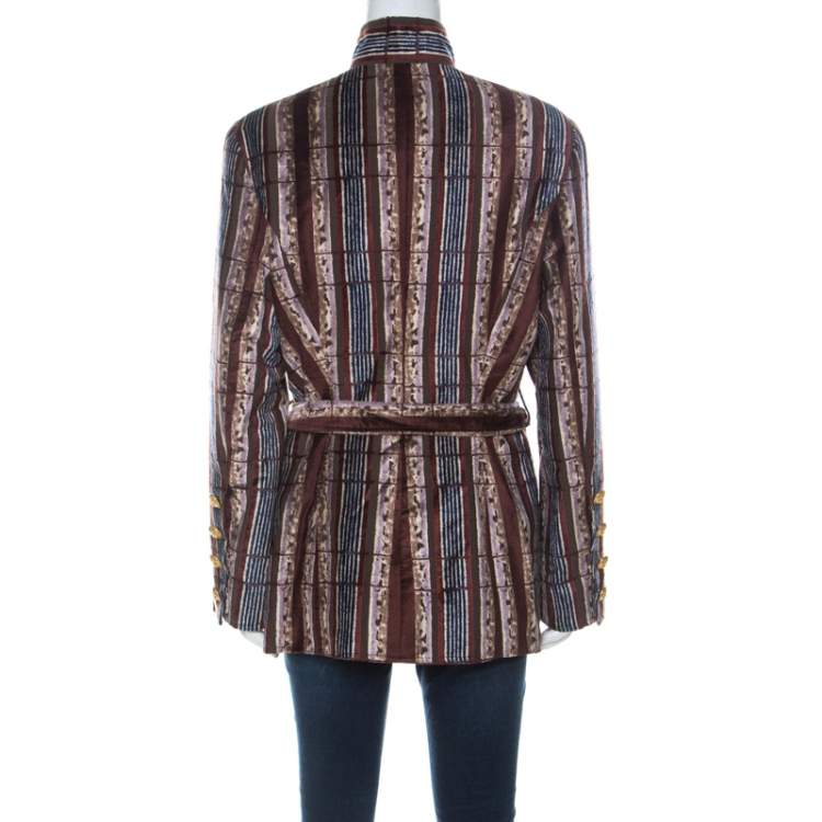 Pre Owned Christian Lacroix Vintage Multicolor Striped Velvet Belted Tailored Jacket XL 
