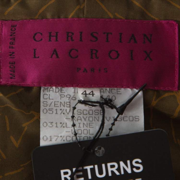 Pre Owned Christian Lacroix Khaki Green Wool Blend Tweed Front Button Jacket L
