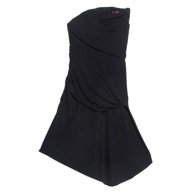 Pre Owned Christian Lacroix Black Crepe Bow Applique Ruched Strapless Dress M