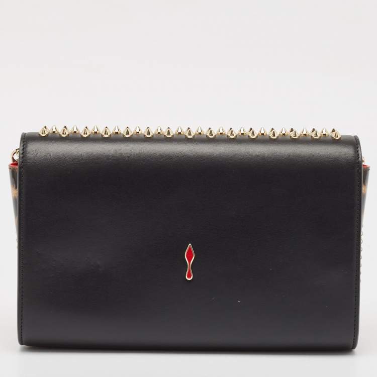 Pre Owned Christian Louboutin Black Leopard Print Patent and Leather Paloma Spiked Chain Clutch