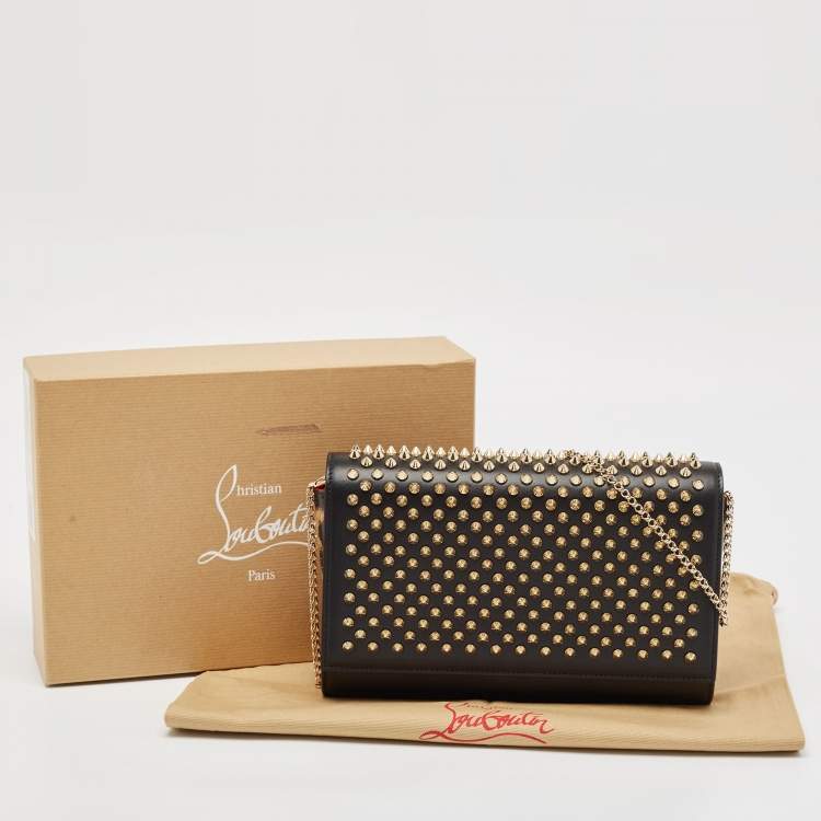 Pre Owned Christian Louboutin Black Leopard Print Patent and Leather Paloma Spiked Chain Clutch