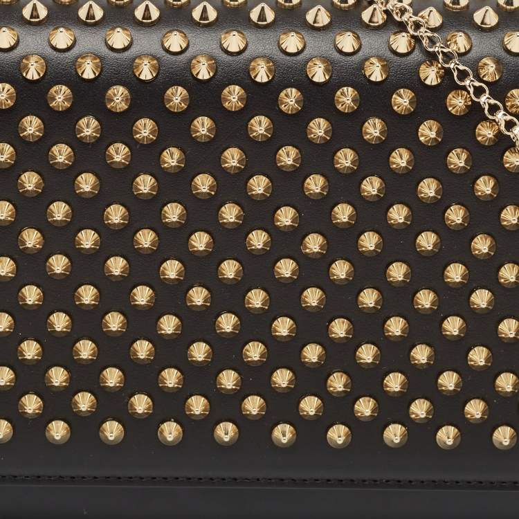 Pre Owned Christian Louboutin Black Leopard Print Patent and Leather Paloma Spiked Chain Clutch