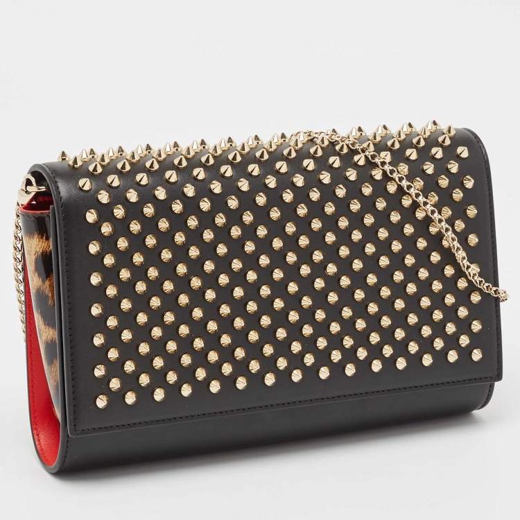 Pre Owned Christian Louboutin Black Leopard Print Patent and Leather Paloma Spiked Chain Clutch