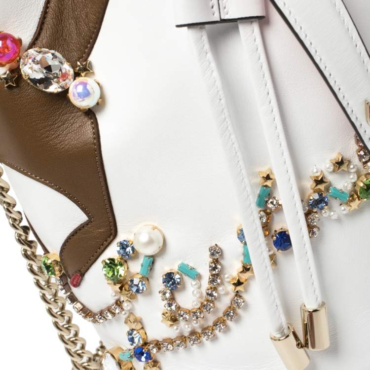 Pre Owned Christian Louboutin White Leather Jewel Embellished Marie Jane Drawstring Bucket Bag