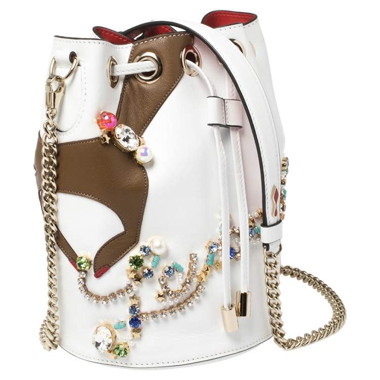 Pre Owned Christian Louboutin White Leather Jewel Embellished Marie Jane Drawstring Bucket Bag