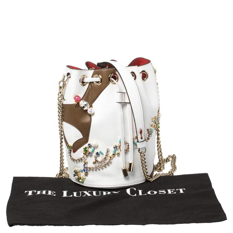 Pre Owned Christian Louboutin White Leather Jewel Embellished Marie Jane Drawstring Bucket Bag
