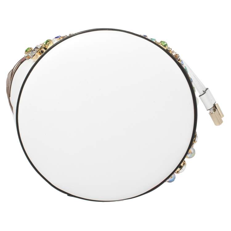 Pre Owned Christian Louboutin White Leather Jewel Embellished Marie Jane Drawstring Bucket Bag