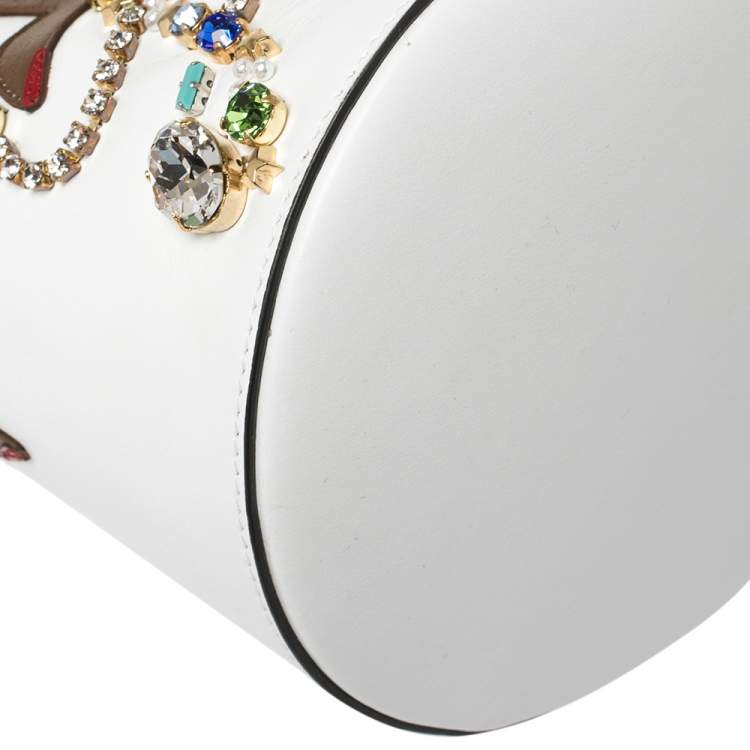 Pre Owned Christian Louboutin White Leather Jewel Embellished Marie Jane Drawstring Bucket Bag