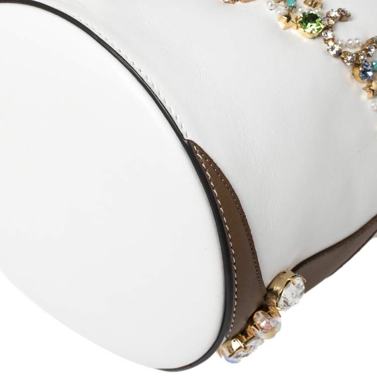 Pre Owned Christian Louboutin White Leather Jewel Embellished Marie Jane Drawstring Bucket Bag