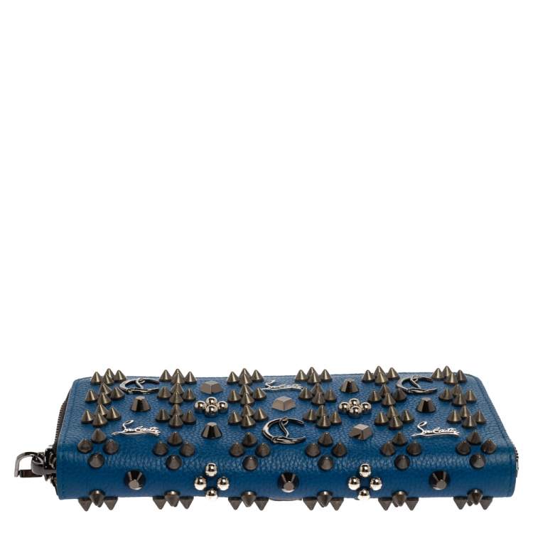 Pre Owned Christian Louboutin Blue Leather Spike Panettone Zip Around Wallet