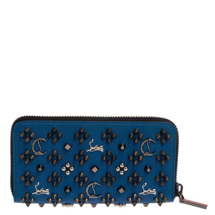 Pre Owned Christian Louboutin Blue Leather Spike Panettone Zip Around Wallet