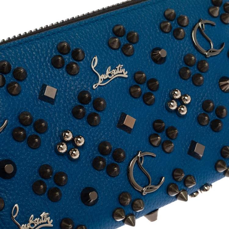Pre Owned Christian Louboutin Blue Leather Spike Panettone Zip Around Wallet