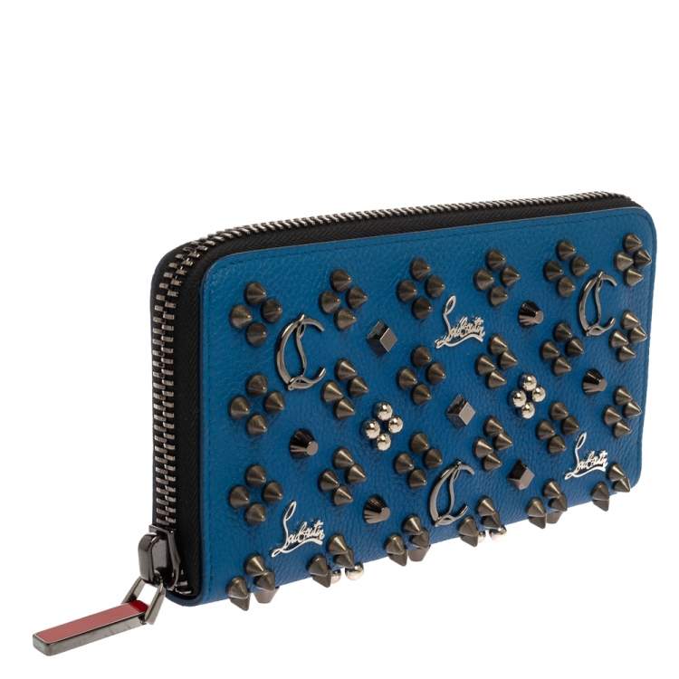 Pre Owned Christian Louboutin Blue Leather Spike Panettone Zip Around Wallet