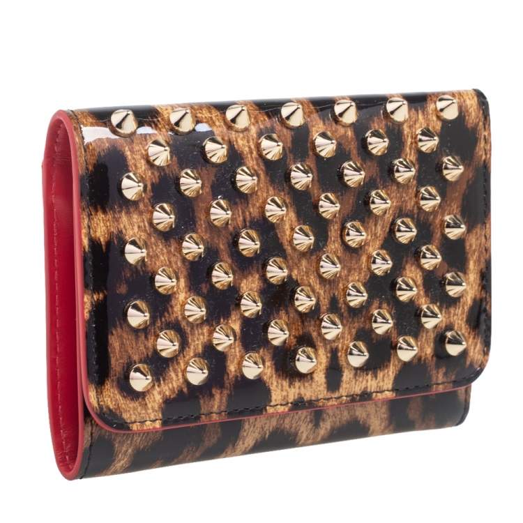Pre Owned Christian Louboutin Brown Leopard Print Patent Leather Macaron Spike Wallet