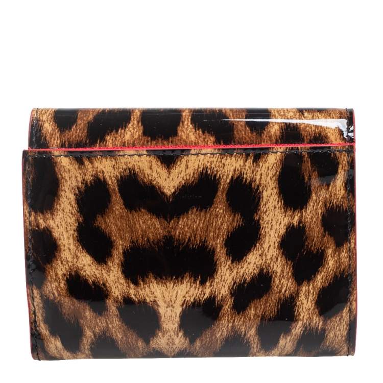 Pre Owned Christian Louboutin Brown Leopard Print Patent Leather Macaron Spike Wallet