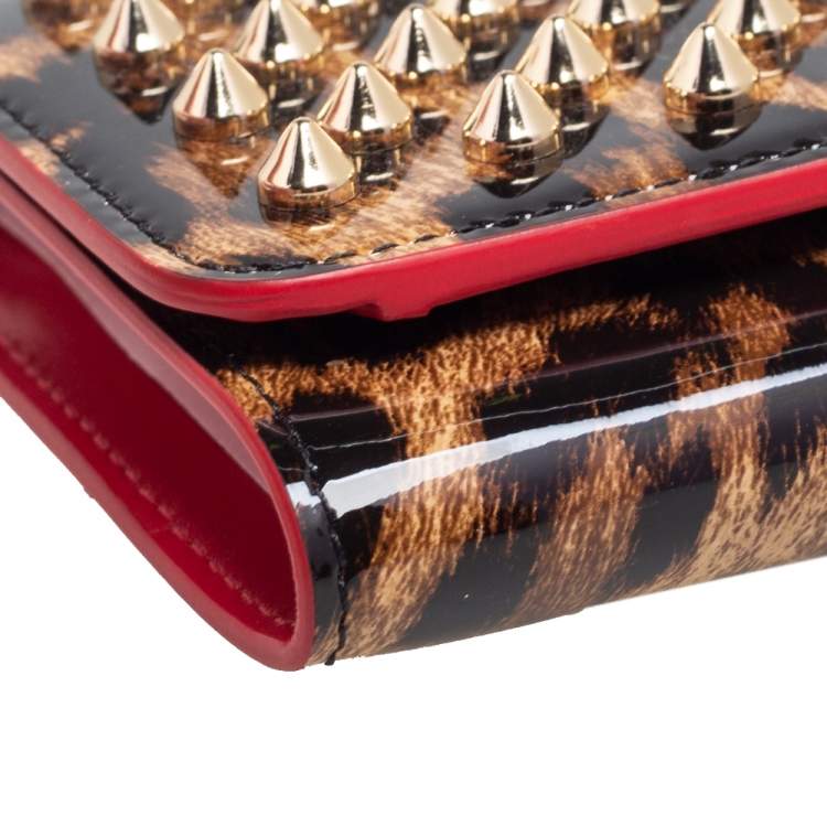 Pre Owned Christian Louboutin Brown Leopard Print Patent Leather Macaron Spike Wallet