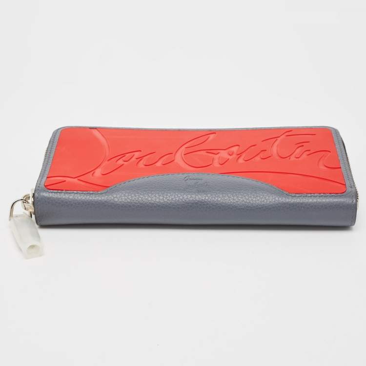 Pre Owned Christian Louboutin Grey/Red Leather and Rubber Panettone Zip Around Wallet