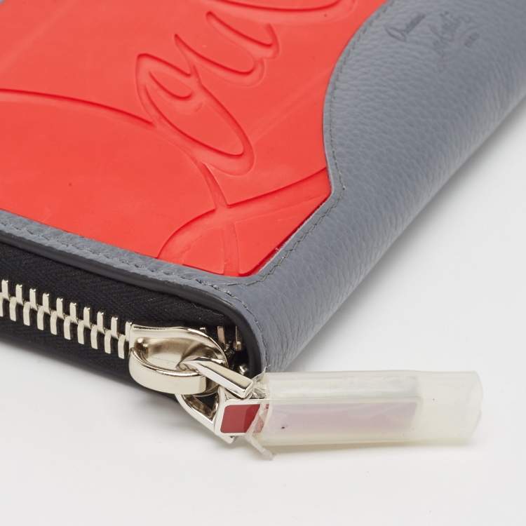 Pre Owned Christian Louboutin Grey/Red Leather and Rubber Panettone Zip Around Wallet
