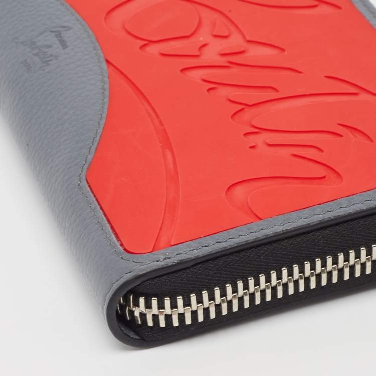 Pre Owned Christian Louboutin Grey/Red Leather and Rubber Panettone Zip Around Wallet