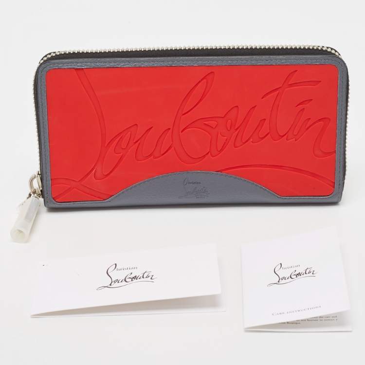 Pre Owned Christian Louboutin Grey/Red Leather and Rubber Panettone Zip Around Wallet