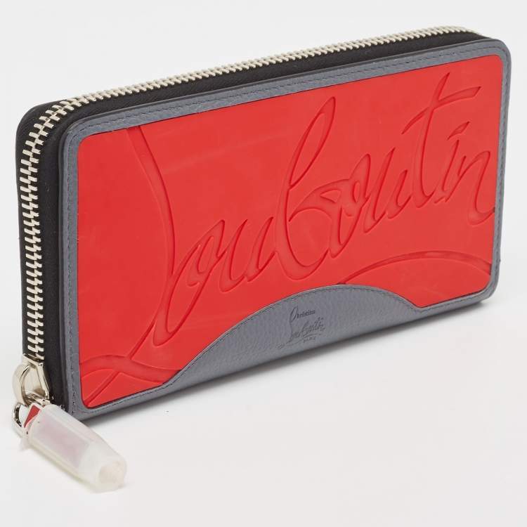Pre Owned Christian Louboutin Grey/Red Leather and Rubber Panettone Zip Around Wallet