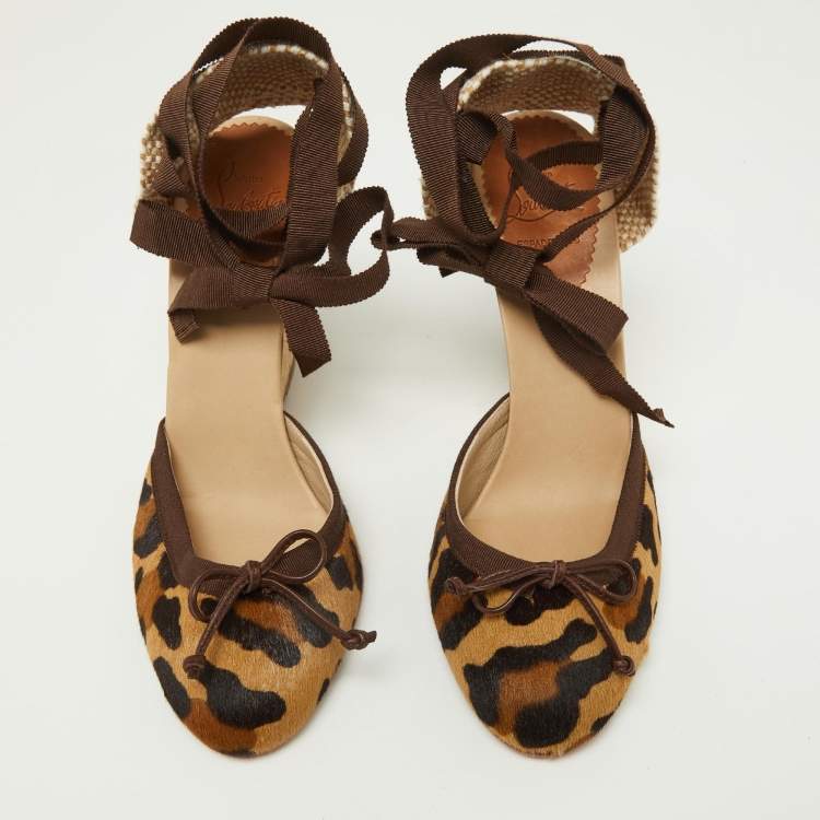 Pre Owned Christian Louboutin Brown Leopard Print Calf Hair Carino Espadrille Wedge Sandals Size 39