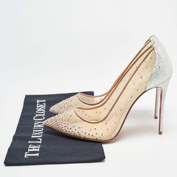 Pre Owned Christian Louboutin Silver/Beige Textured Suede and Crystal Embellished Mesh Follies Strass Pumps Size 39