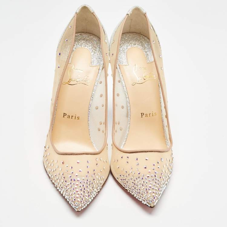 Pre Owned Christian Louboutin Silver/Beige Textured Suede and Crystal Embellished Mesh Follies Strass Pumps Size 39
