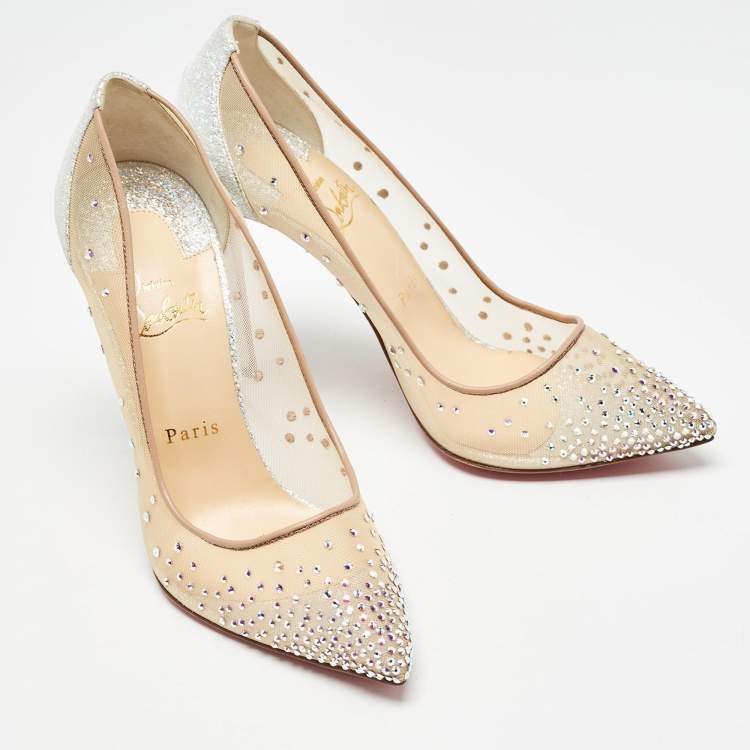 Pre Owned Christian Louboutin Silver/Beige Textured Suede and Crystal Embellished Mesh Follies Strass Pumps Size 39