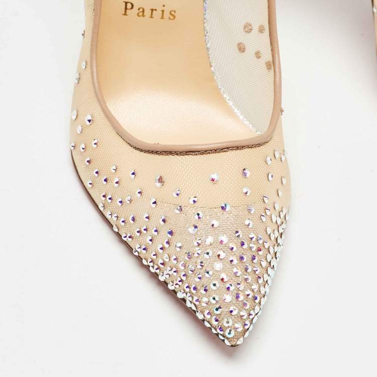 Pre Owned Christian Louboutin Silver/Beige Textured Suede and Crystal Embellished Mesh Follies Strass Pumps Size 39
