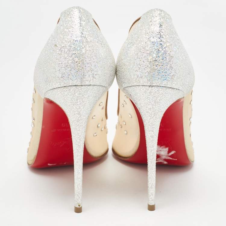 Pre Owned Christian Louboutin Silver/Beige Textured Suede and Crystal Embellished Mesh Follies Strass Pumps Size 39