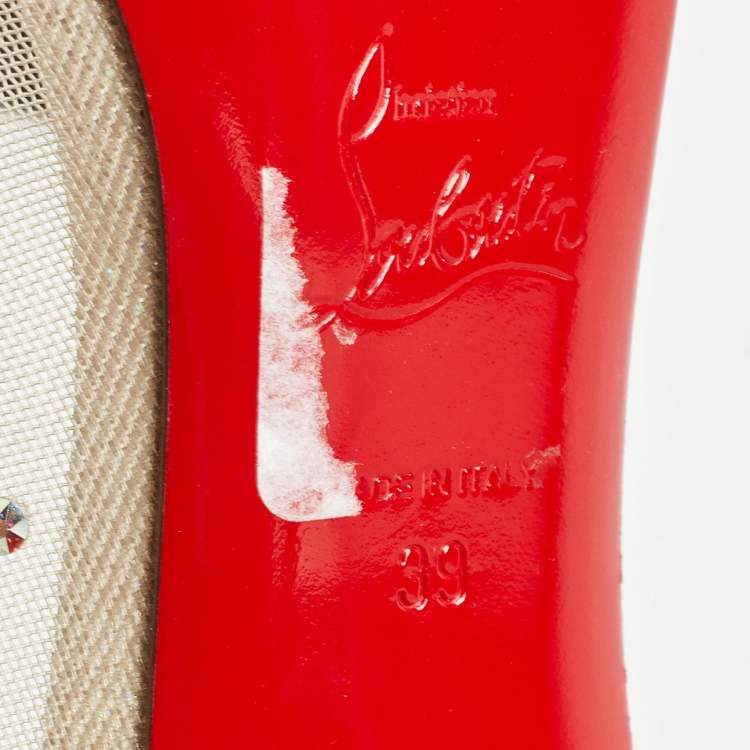 Pre Owned Christian Louboutin Silver/Beige Textured Suede and Crystal Embellished Mesh Follies Strass Pumps Size 39