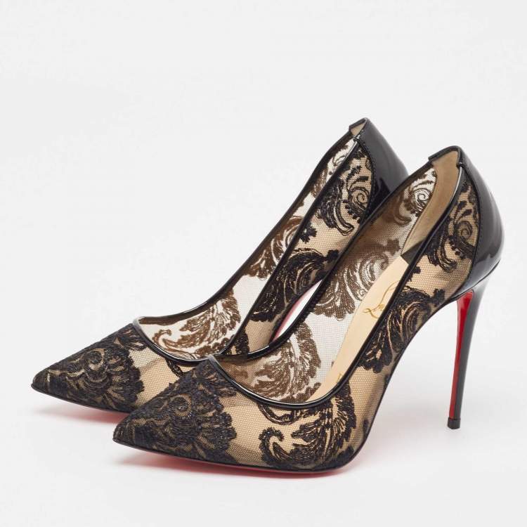 Pre Owned Christian Louboutin Black Mesh and Patent Dorissima Pumps Size 36.5