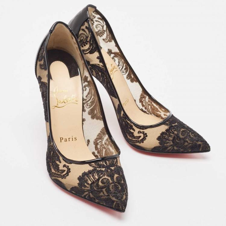 Pre Owned Christian Louboutin Black Mesh and Patent Dorissima Pumps Size 36.5