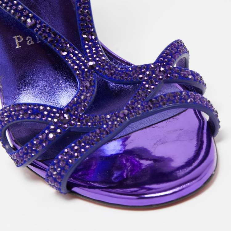 Pre Owned Christian Louboutin Purple Crystal Embellished Suede Double L Sandals Size 39.5