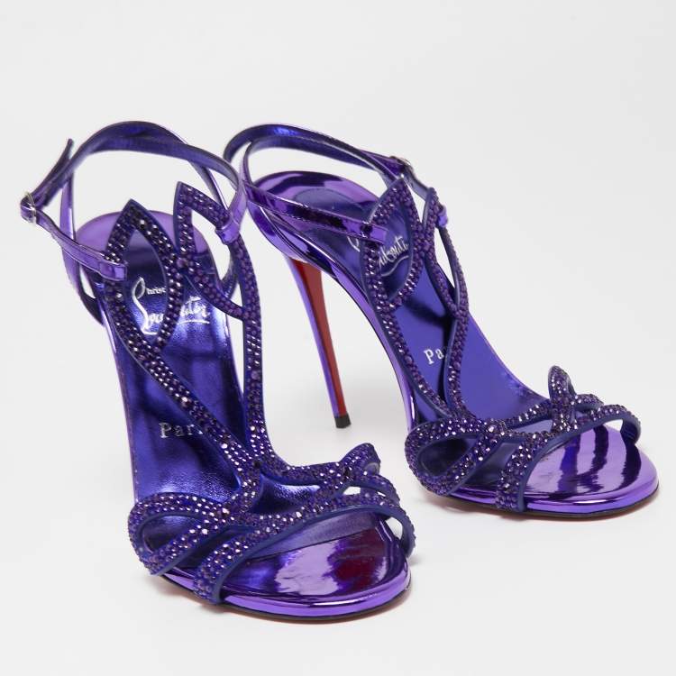 Pre Owned Christian Louboutin Purple Crystal Embellished Suede Double L Sandals Size 39.5