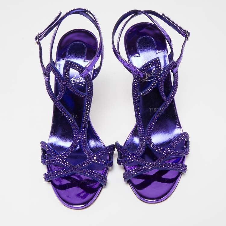 Pre Owned Christian Louboutin Purple Crystal Embellished Suede Double L Sandals Size 39.5