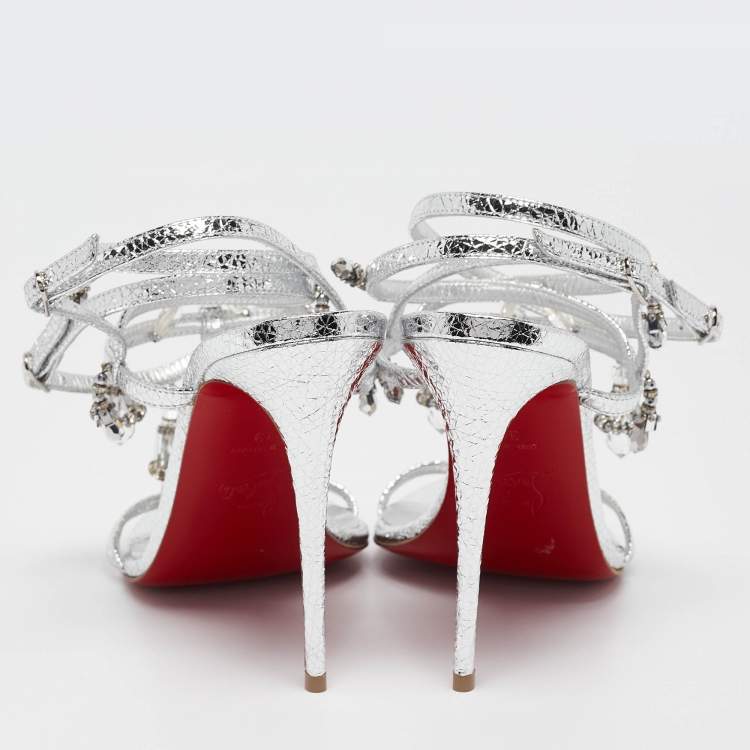 Pre Owned Christian Louboutin Silver Leather Bombina Pampila Ankle Strap Sandals Size 39