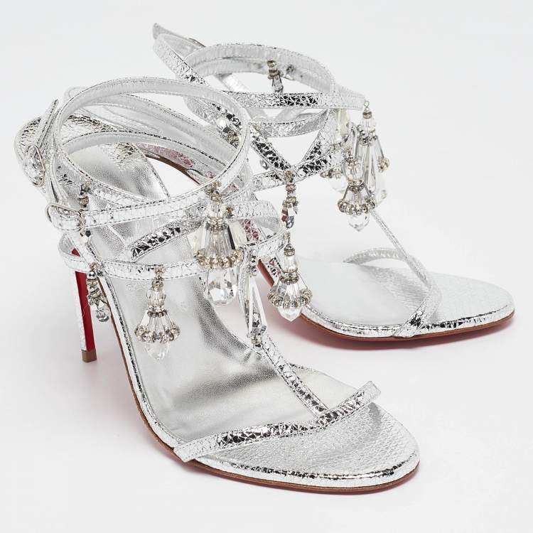 Pre Owned Christian Louboutin Silver Leather Bombina Pampila Ankle Strap Sandals Size 39