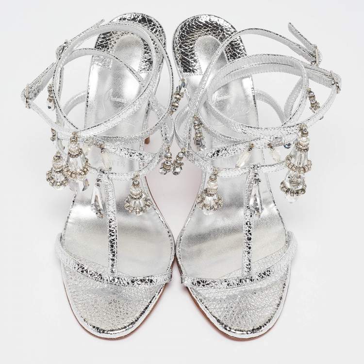 Pre Owned Christian Louboutin Silver Leather Bombina Pampila Ankle Strap Sandals Size 39