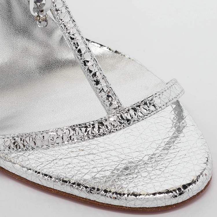Pre Owned Christian Louboutin Silver Leather Bombina Pampila Ankle Strap Sandals Size 39