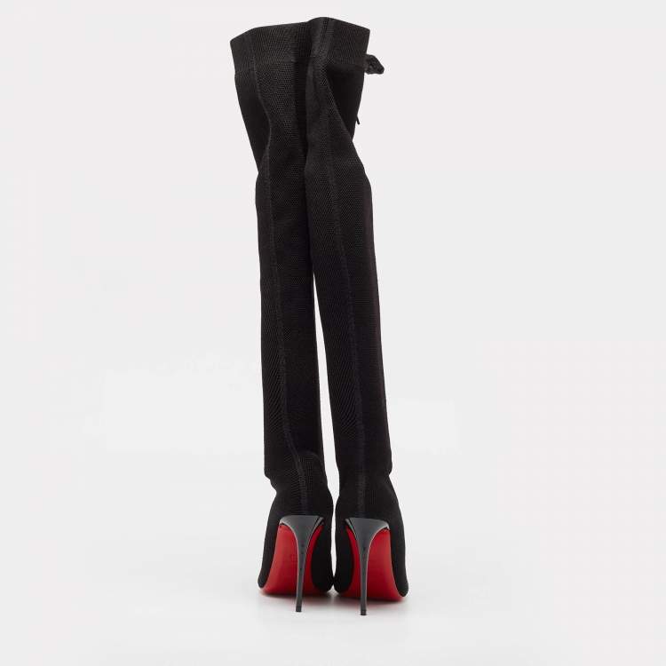Pre Owned Christian Louboutin Black Knit Fabric Over The Knee Boots Size 38