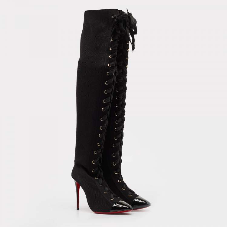 Pre Owned Christian Louboutin Black Knit Fabric Over The Knee Boots Size 38