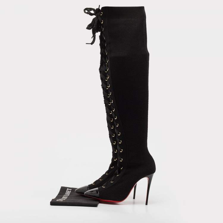 Pre Owned Christian Louboutin Black Knit Fabric Over The Knee Boots Size 38