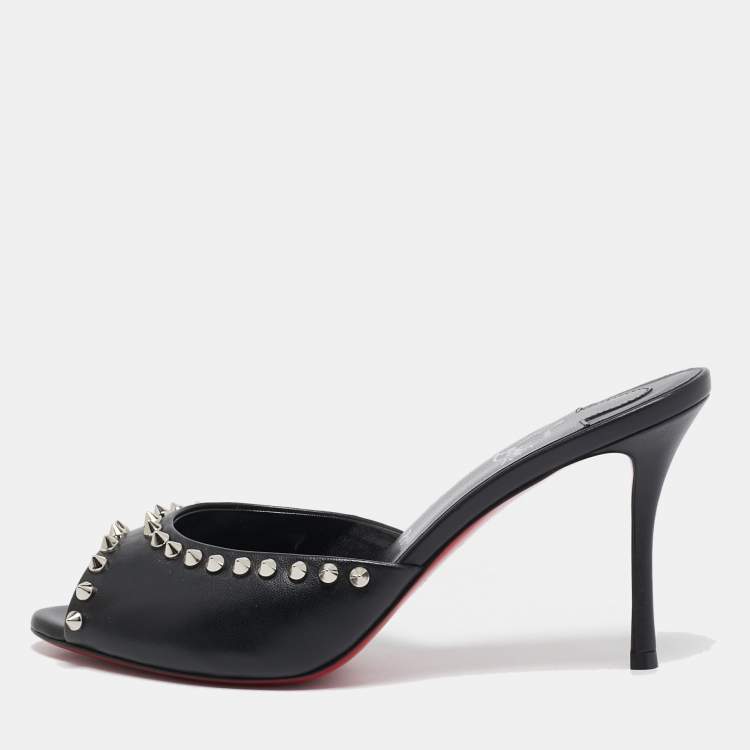 Pre Owned Christian Louboutin Black Leather Me Dolly Spike Mules Size 38.5
