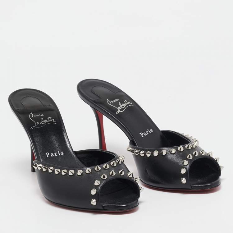 Pre Owned Christian Louboutin Black Leather Me Dolly Spike Mules Size 38.5