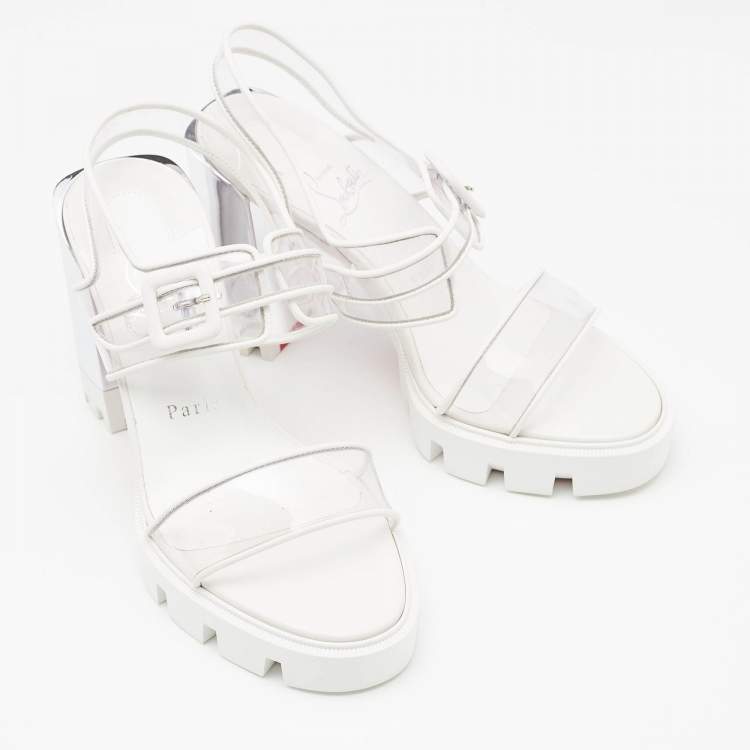 Pre Owned Christian Louboutin White PVC and Leather Duniss Ankle Strap Sandals Size 36.5