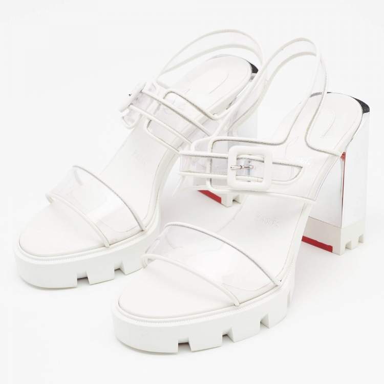 Pre Owned Christian Louboutin White PVC and Leather Duniss Ankle Strap Sandals Size 36.5