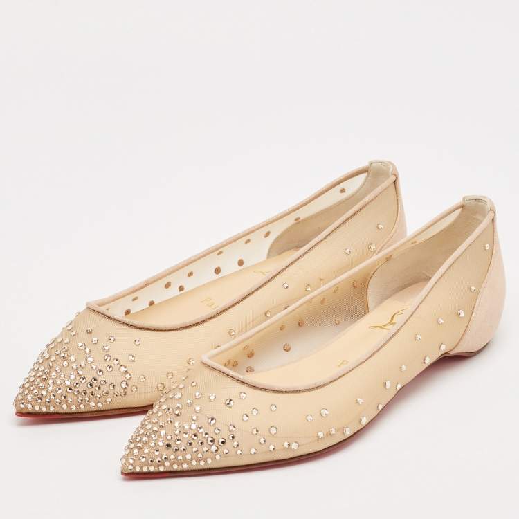 Pre Owned Christian Louboutin Metallic Beige Suede and Mesh Follies Strass Ballet Flats Size 36.5