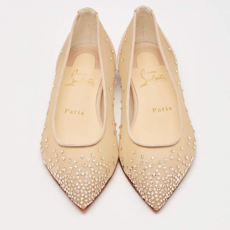 Pre Owned Christian Louboutin Metallic Beige Suede and Mesh Follies Strass Ballet Flats Size 36.5